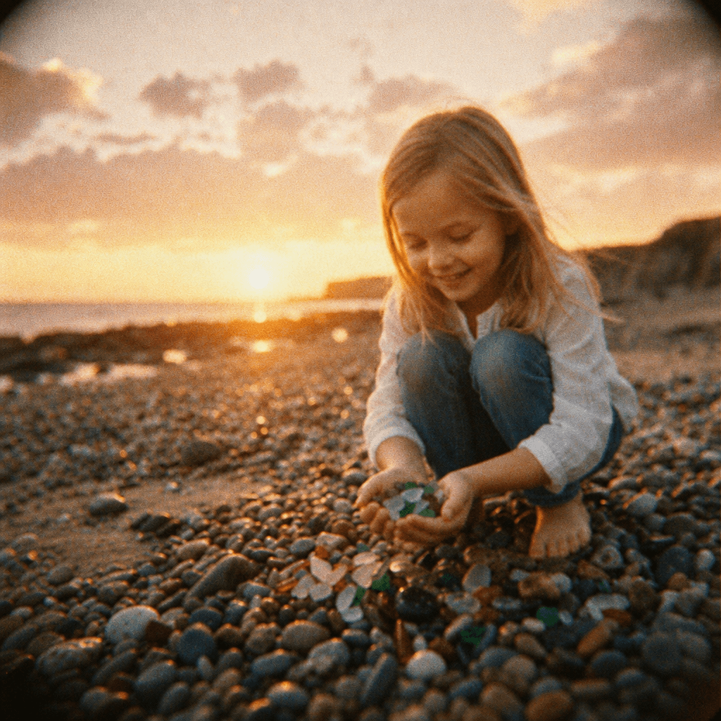 Child collecting sea glass on the beach